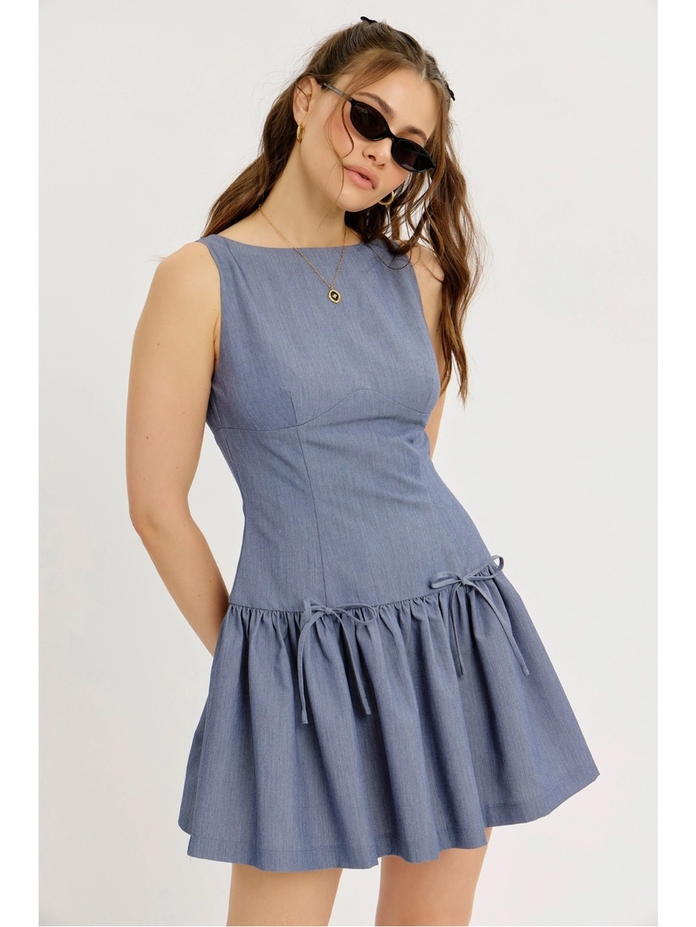 NWT Fitted Boat Neck Low Waist Mini Dress with Bow